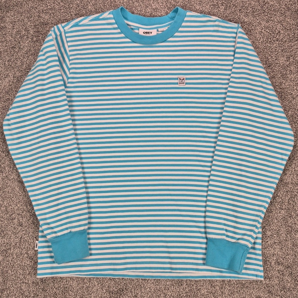 Obey Long Sleeve T-Shirt Mens Medium Blue Striped Organic Cotton Streetwear